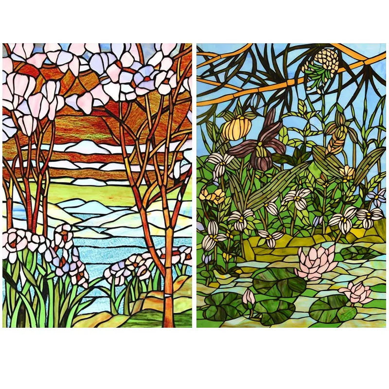 Custom Size Stained Glass Films,Frosted Privacy Static Cling,Poster Retro Tree Scenic Color printing,Window Film Door Stickers