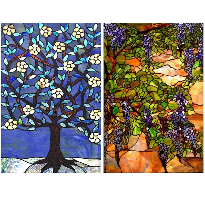 Custom Size Stained Glass Films,Frosted Privacy Static Cling,Poster Retro Tree Scenic Color printing,Window Film Door Stickers