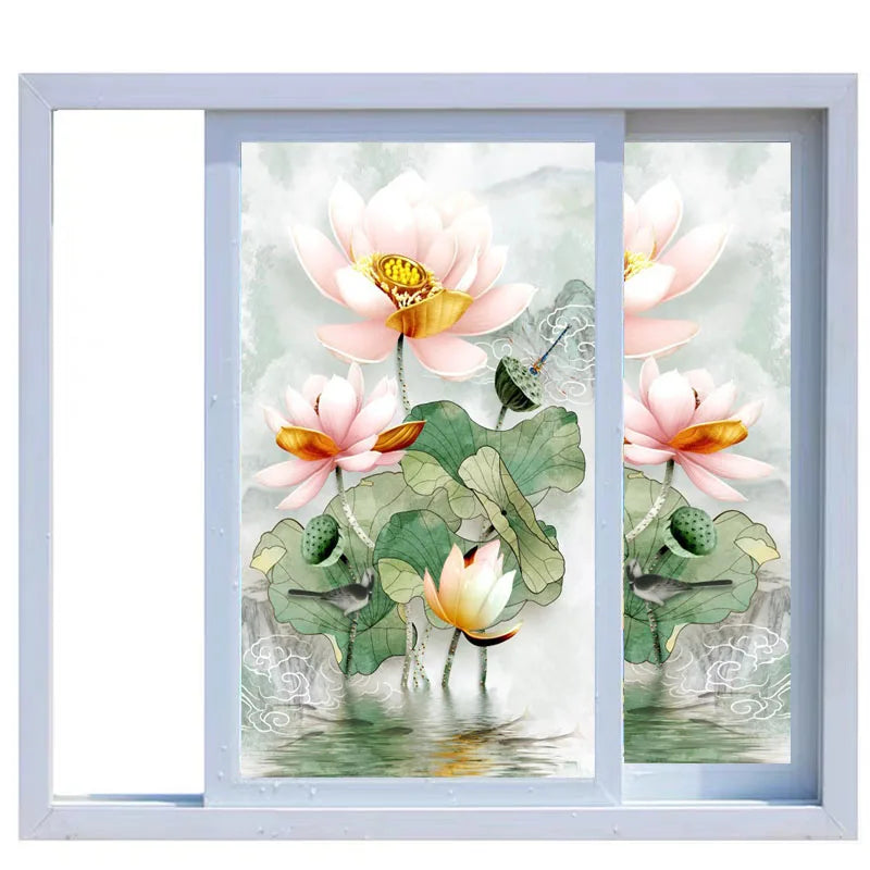 Customized Size Windows Stained Glass Films Door Stickers Wall sticker Art Opaque Satic Cling Lotus Poster Home Decor