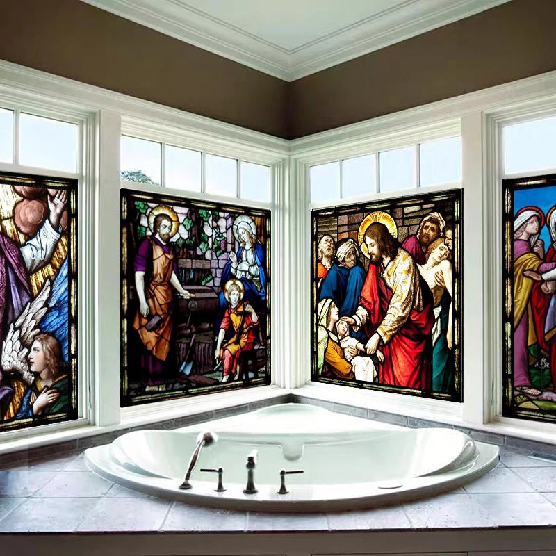 Custom Frosted Stained Glass Window Film,PVC Self-Adhesive Window Films,Retro Church Jesus Decor Foil Stickers Window Treatment