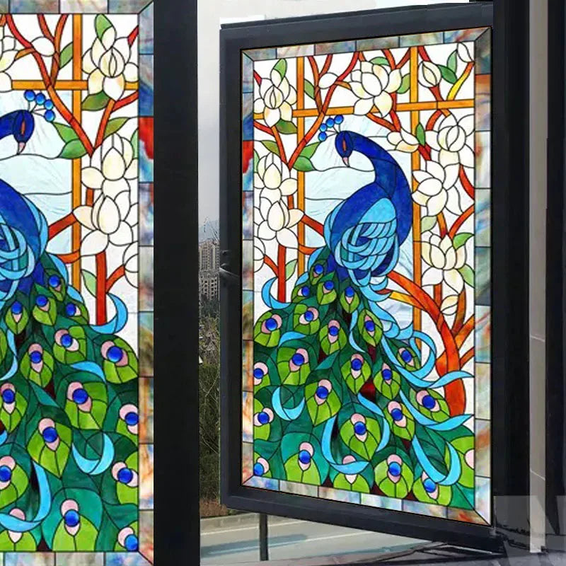 Custom Size Window Glass Films Peacock Self Adhesive Static Cling Home Decorative Frosted Privacy Stained Retro Church Glass