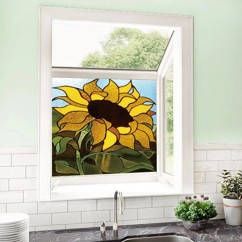Custom Size Stained Glass Window Film Frosted Sunflower Glass Films Home Foil Door Stickers Bathroom Static Cling Poster