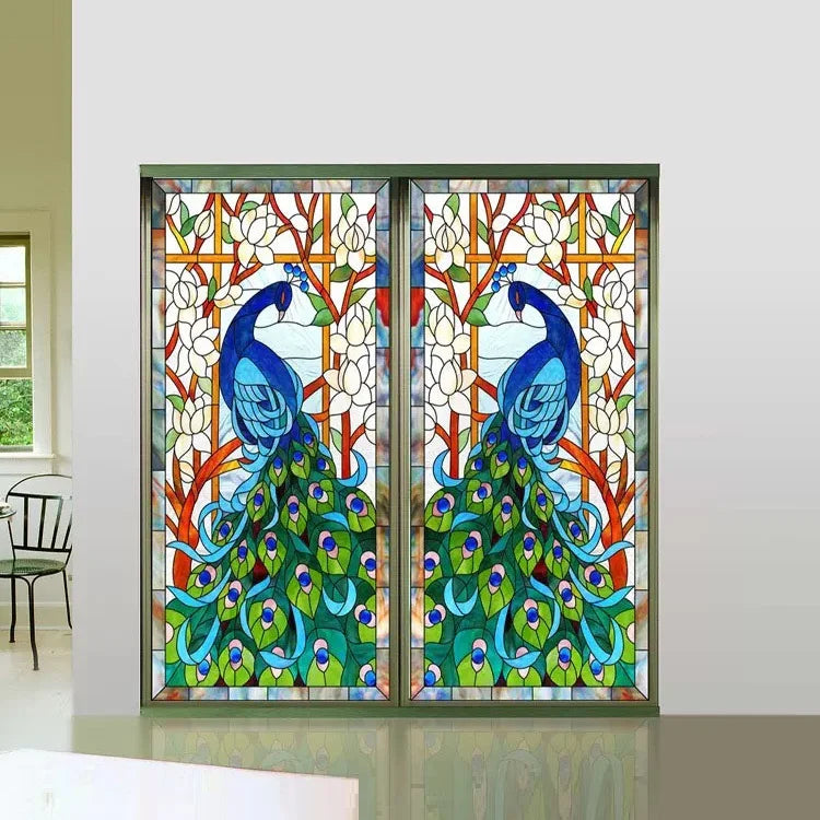 Custom Size Window Glass Films Peacock Self Adhesive Static Cling Home Decorative Frosted Privacy Stained Retro Church Glass