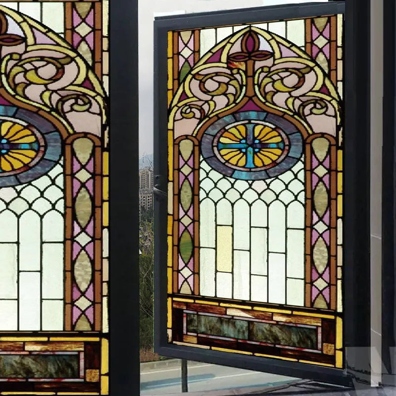 Gothic Rose Window film Glass Films Frosted Stained Fake Window with Cross Church Style Sticker can do custom size