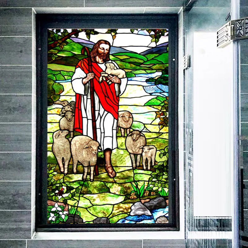 Decorative Self Adhesive/Static Cling Frosted Stained Continental Window Film Custom Size Jesus Christ 028