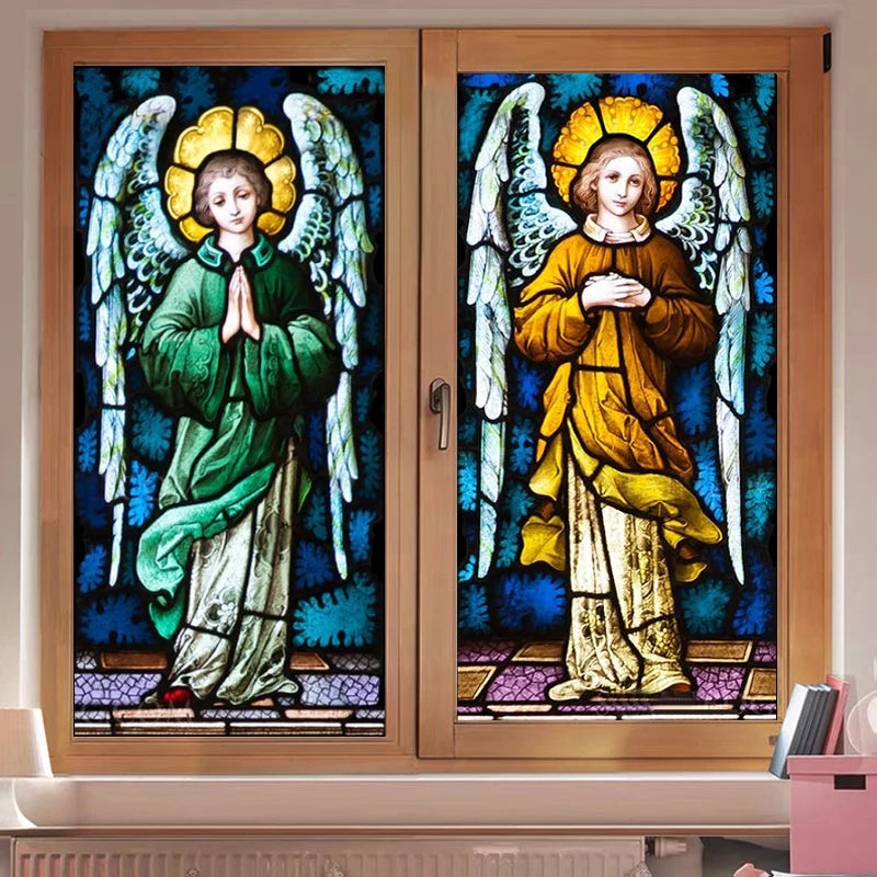 Window Film Frosted Stained Glass Films,Customized Church Angel Picture,Static Cling Remove Sticker for House Worship Home Decor