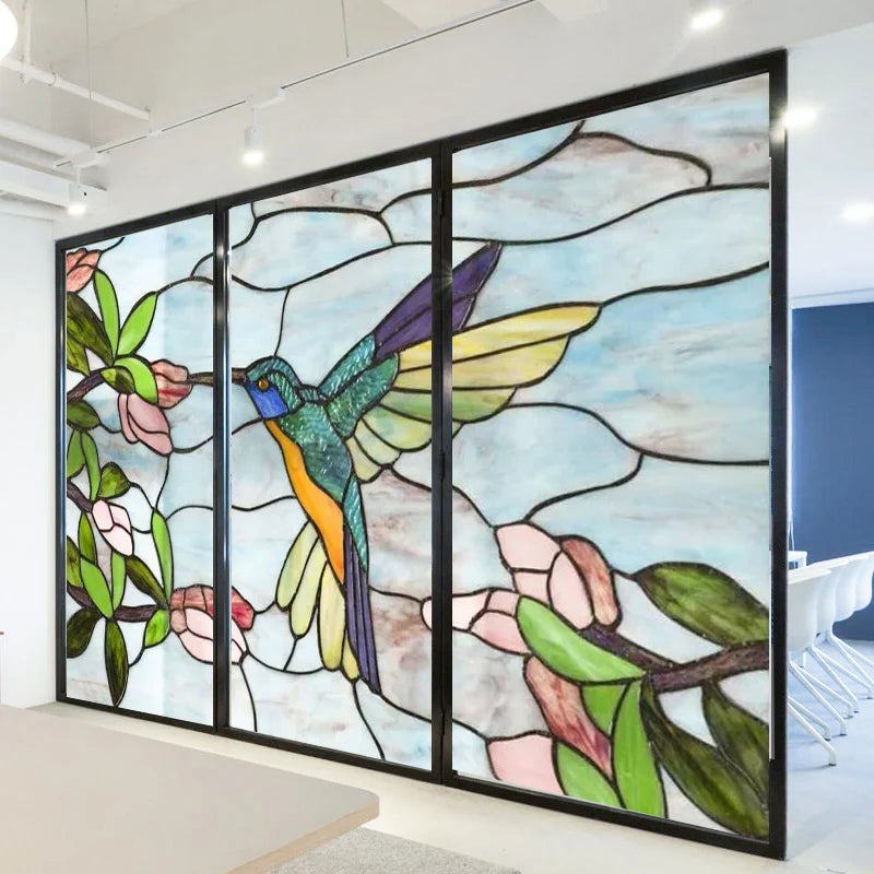 Custom Size Stained Glass Window Film Gothic Church Tree Flower Bird Sticker For Kitchen Bathroom Glass Sliding Door Home Decor