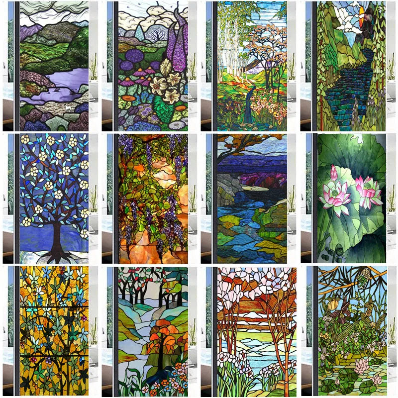 Custom Size Stained Glass Films,Frosted Privacy Static Cling,Poster Retro Tree Scenic Color printing,Window Film Door Stickers