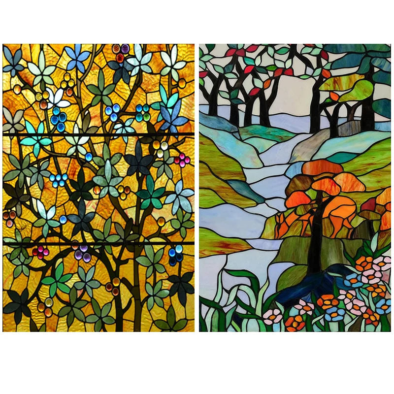 Custom Size Stained Glass Films,Frosted Privacy Static Cling,Poster Retro Tree Scenic Color printing,Window Film Door Stickers