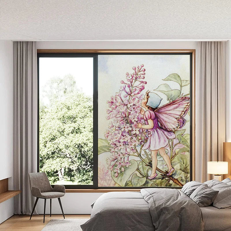 Custom Size Stained Glass Window Film Flower Tree Fairy Stickers Static Cling For Kitchen Bathroom Bedroom Glass Door Home Decor