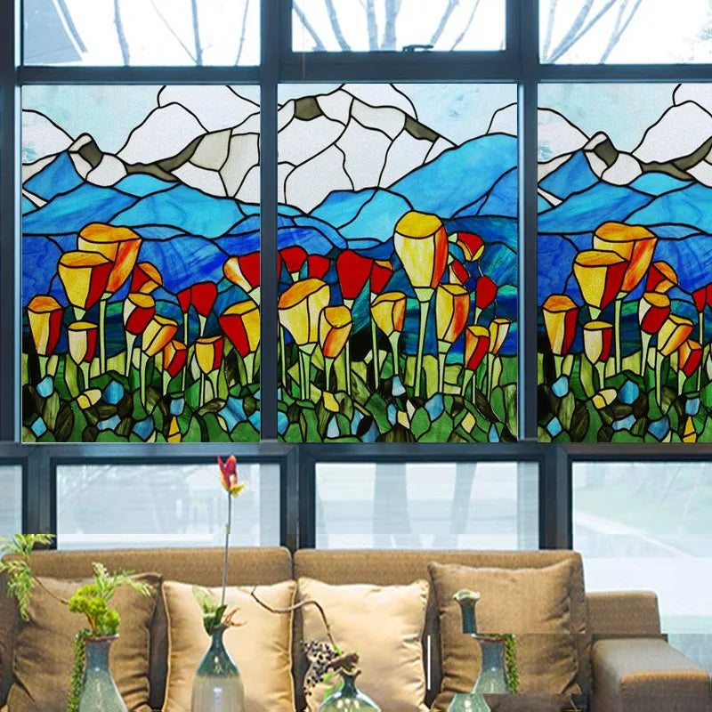 Landscape painting Stained Glass Films Transom/Windows Film Opaque Sticker Self Adhesive/Static Cling Custom Size