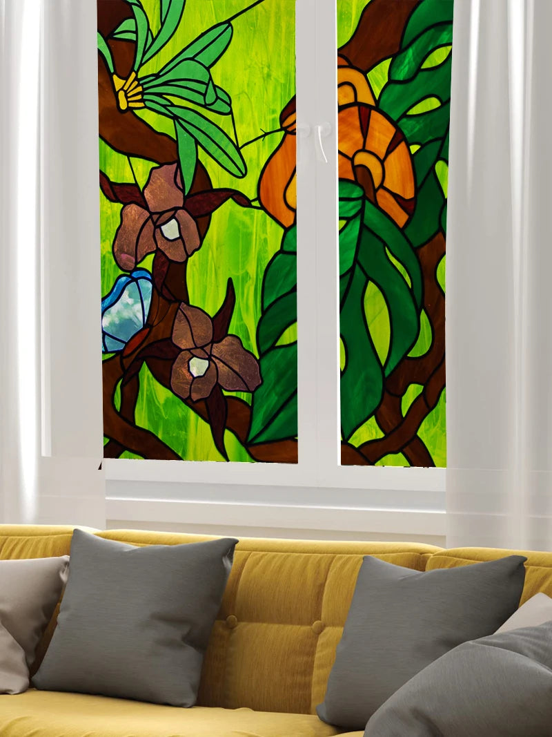 Custom Frosted Stained Glass Window Film,PVC Static Cling Films,Plants, forest animals Home Decor Foil Stickers
