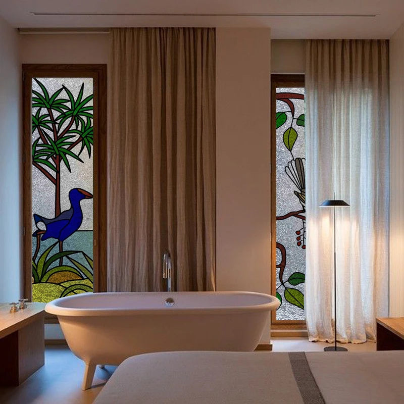 Custom Size Stained Glass Window Film,3D Stickers Static Cling For Kitchen Bathroom Bedroom Glass Sliding Door Home Decor Birds