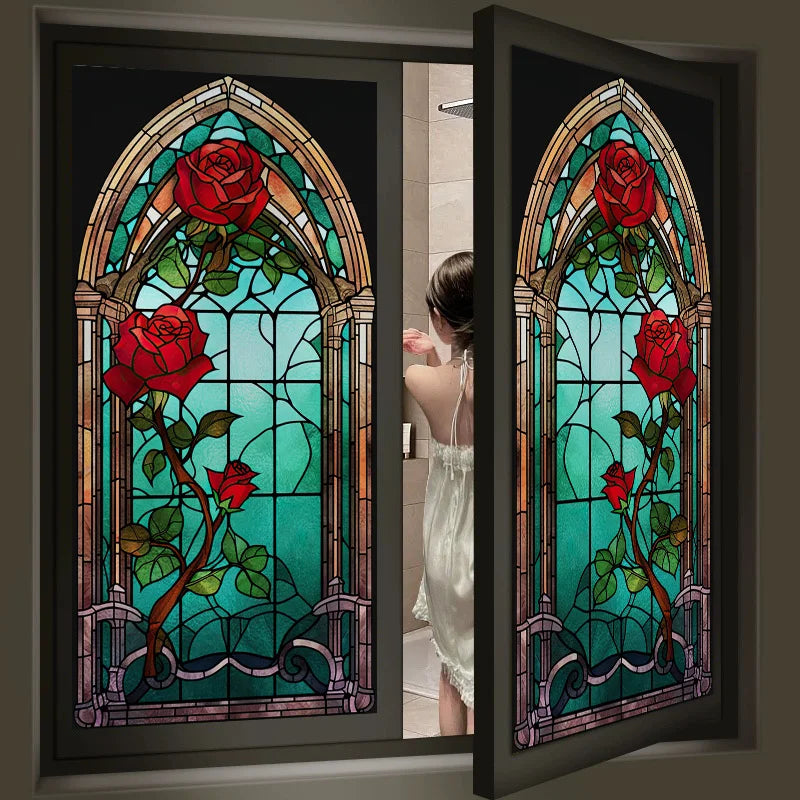 Privacy Windows Film Rose Stained Glass Window Door Stickers No Glue Static Cling Decorative Frosted Window Films