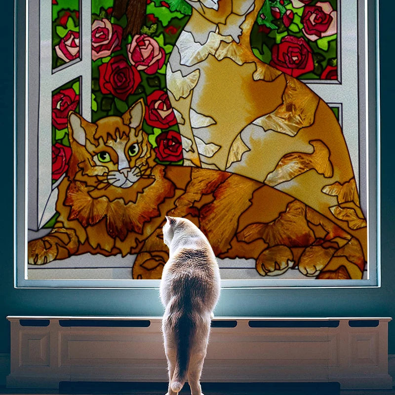 Window Film Stained Glass Stickers,Custom size Static Cling Frosted,Cat Bird Rabbit Print For Window Glass Door Home Decor
