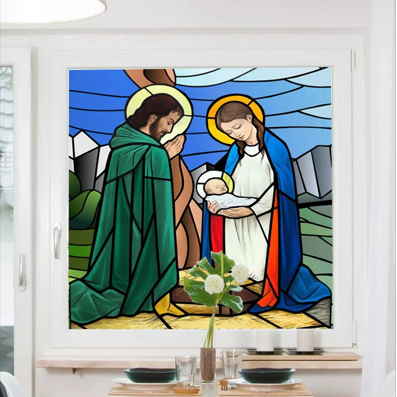 Custom Frosted Stained Glass Window Film,PVC Static Cling Films,Virgin Mary/Jesus Church Decor Foil Stickers