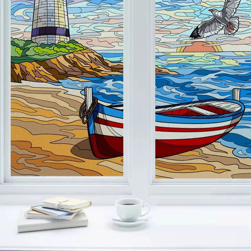 Window Film Frosted Stained Glass Films,Customized Ocean Boat Colour Static Cling Sticker,Home Decor Foil Window Treatment