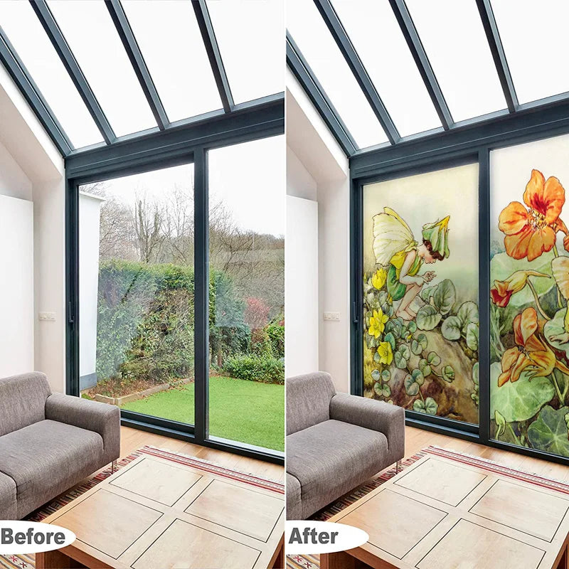 Custom Size Stained Glass Window Film Flower Fairy Stickers Static Cling For Kitchen Bathroom Bedroom Glass Door Home Decor