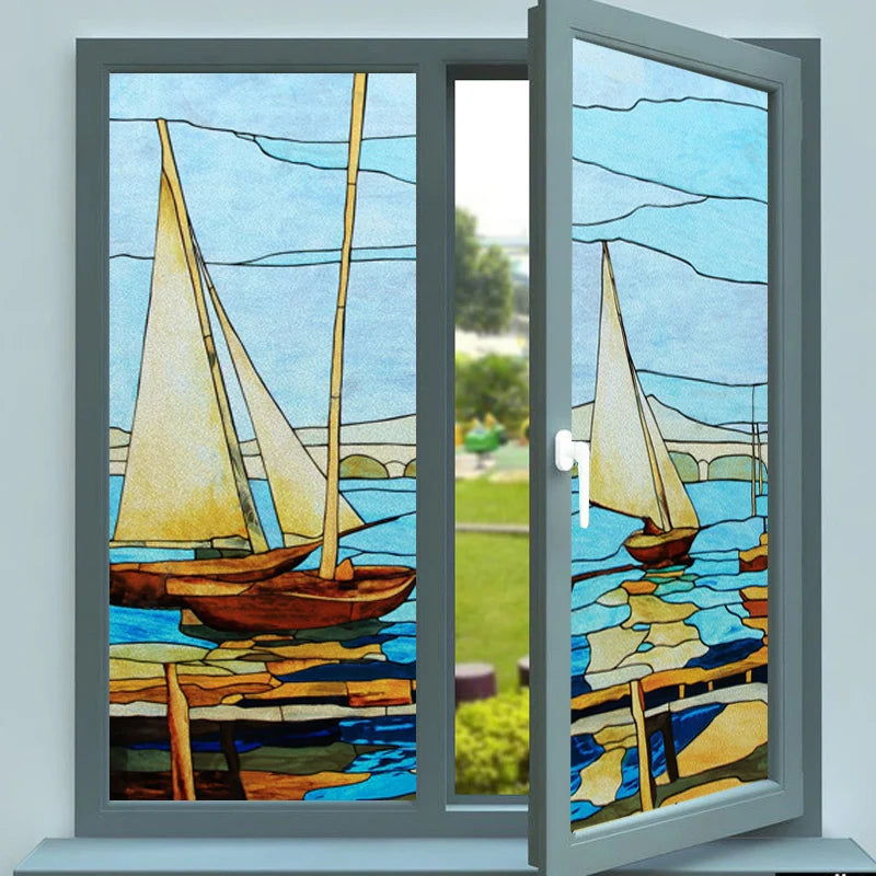 Window Film Frosted Stained Glass Films,Static Cling,Privacy Retro Door Sticker,Kitchen Office Home Decor Customized,Sailboat