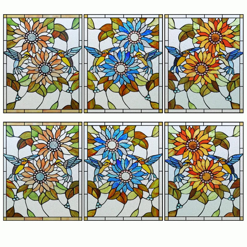 Window Film Frosted Stained Glass Films Customized Art SunFlower Hummingbird Static Cling Sticker,Home Decor Window Treatment