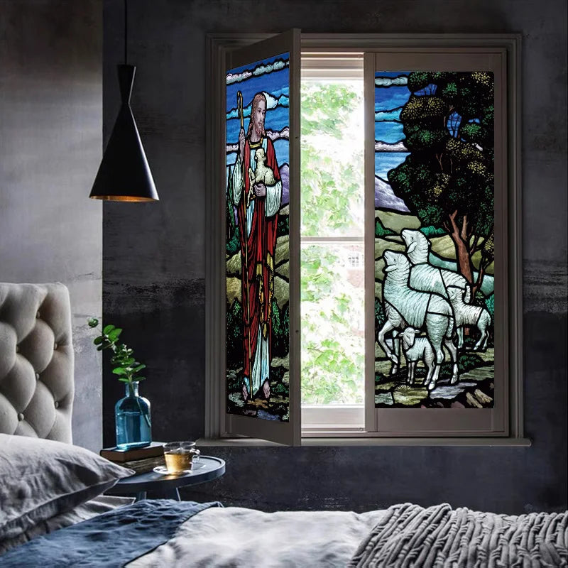 Custom size Window Stained Glass film Door sticker Christian Pictures Wall Stickers Glass decor church Jesus Poster Cus