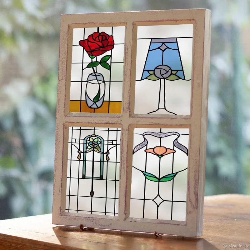 Custom Size Stained Glass Window Film,Frosted Privacy Static Cling,Retro Prairie Style Stickers,Kitchen Bathroom Door Home Decor