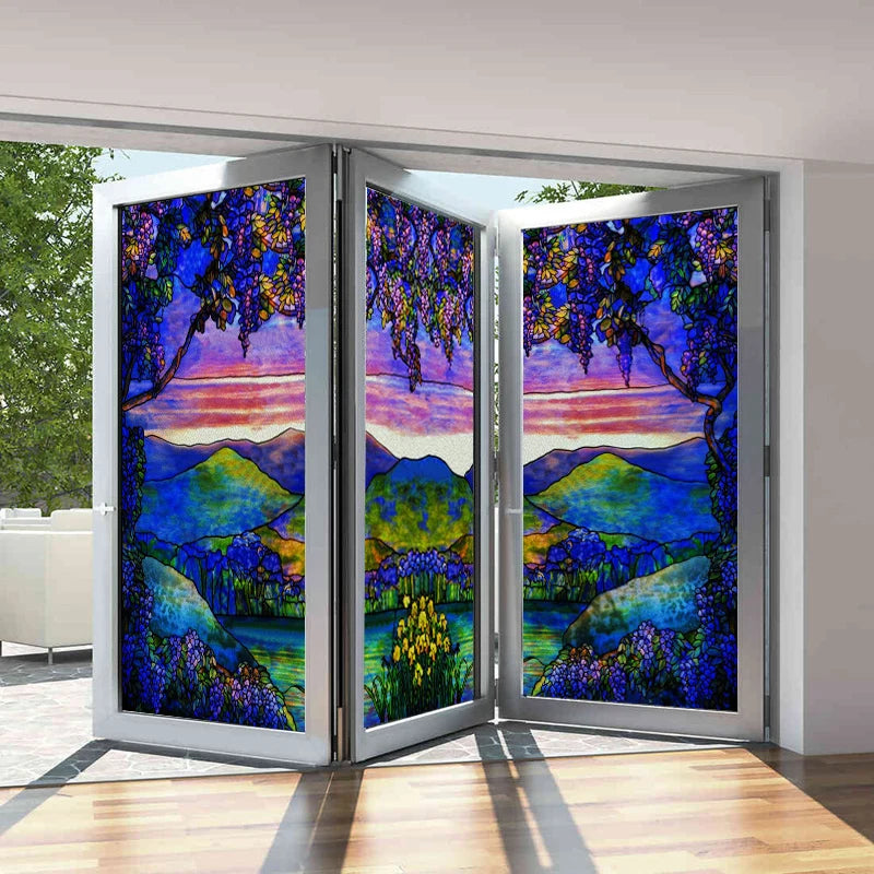 Window Film Stained Glass Stickers,Custom size Static Cling Frosted,Flower Bird Tree Print For Transom Window Glass Home Decor