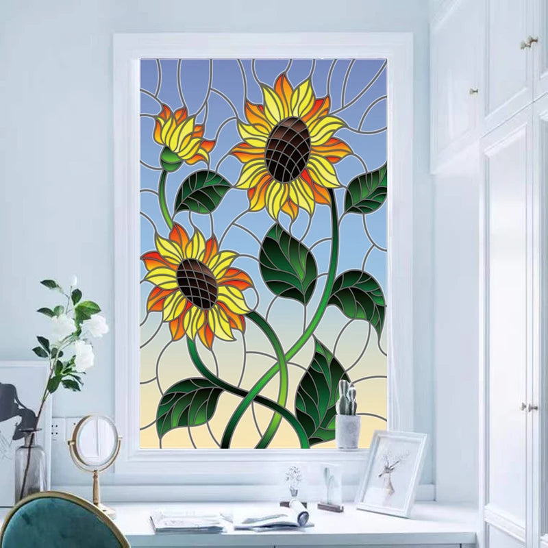 Window Film Stained Glass Stickers,Custom size Static Cling Sunflower Privacy Films Door Sticker Kitchen Office Home Decor