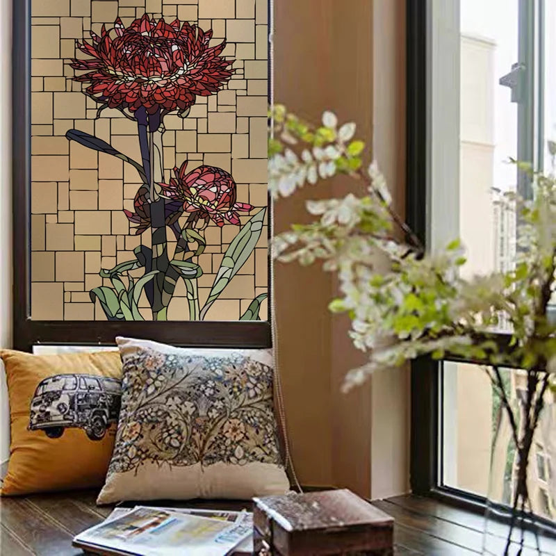 Window Film Frosted Stained Glass Films,Customized Art Deco Design Flowers Static Cling Sticker,Home Decor Foil Window Treatment