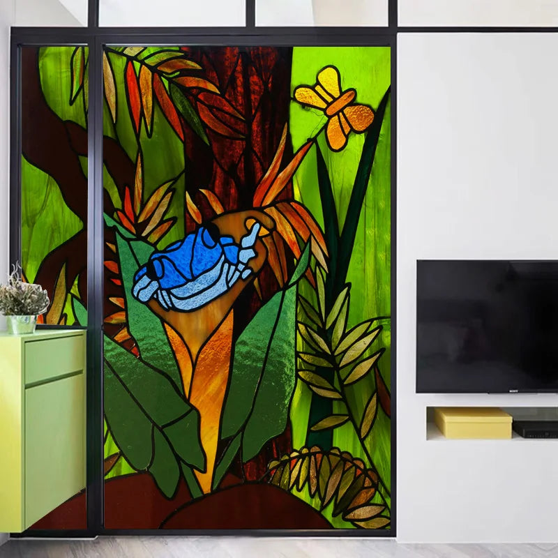 Custom Frosted Stained Glass Window Film,PVC Static Cling Films,Plants, forest animals Home Decor Foil Stickers