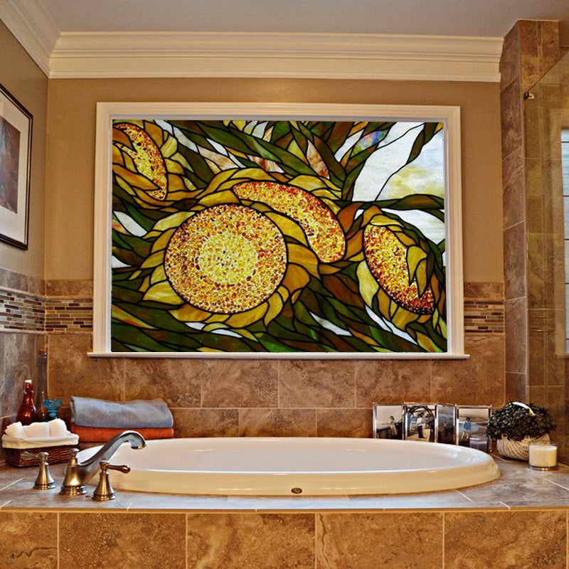 Window Film Stained Glass Stickers,Custom size Static Cling Sunflower Privacy Films Door Sticker Kitchen Office Home Decor