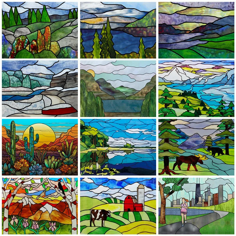 Landscape painting Stained Glass Films Transom/Windows Film Opaque Sticker Self Adhesive/Static Cling Custom Size