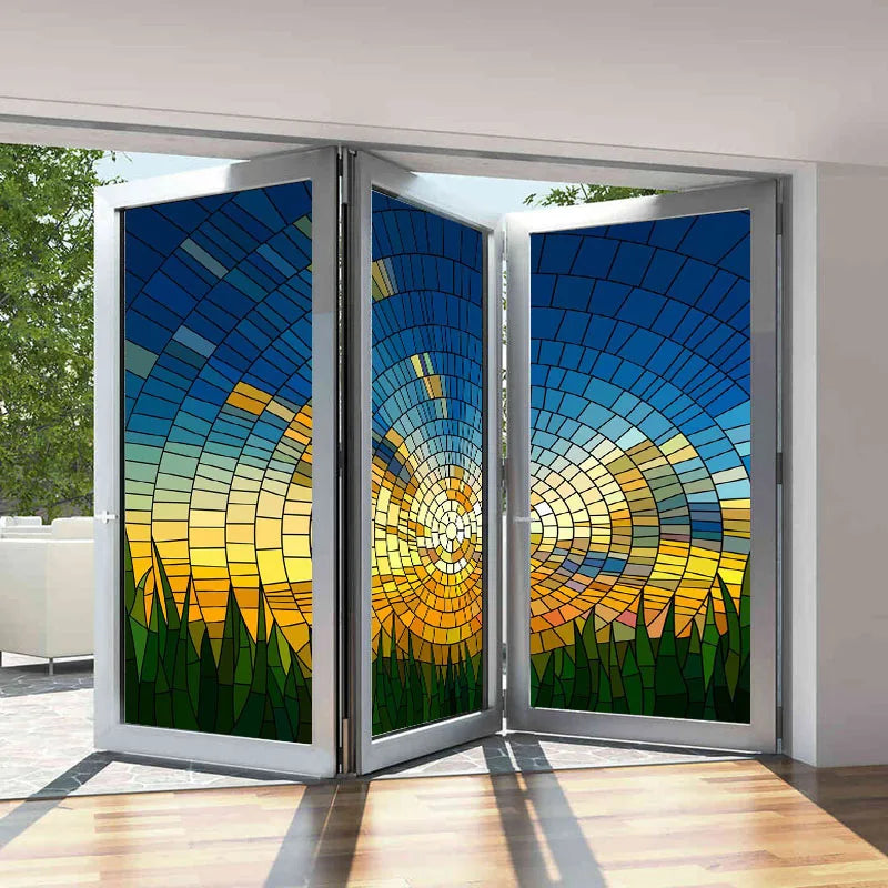 Window Film Frosted Stained Glass Films,Customized Scenery Sun Starry Sky Static Cling Sticker,Home Decor Foil Window Treatment