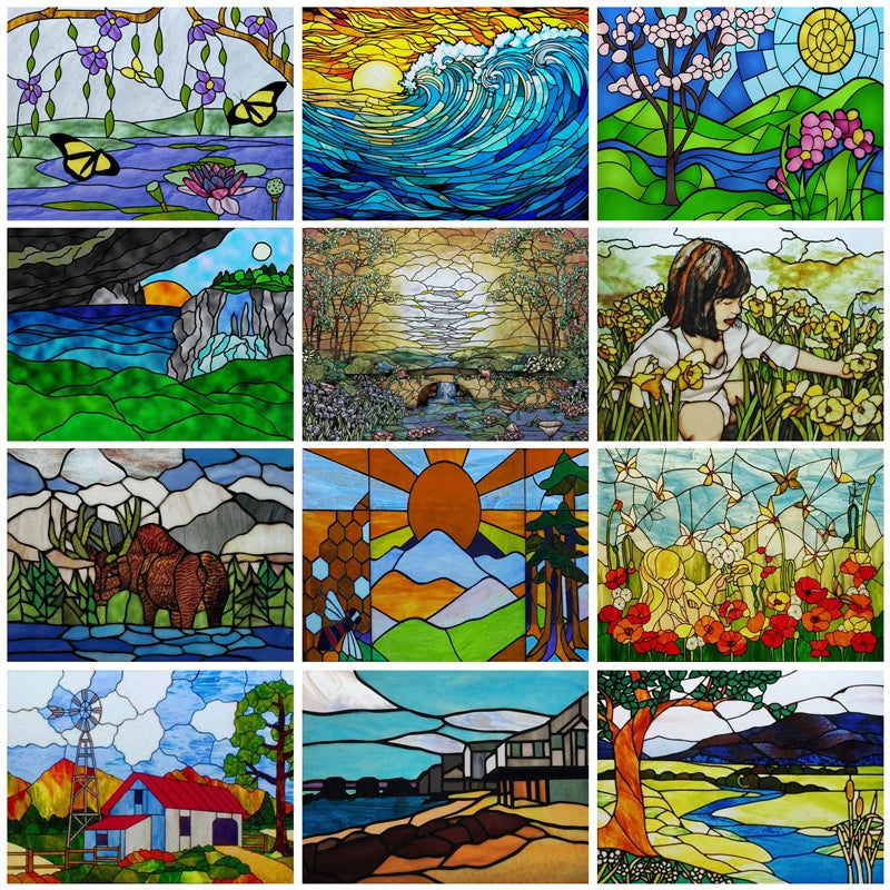 Landscape painting Stained Glass Films Transom/Windows Film Opaque Sticker Self Adhesive/Static Cling Custom Size