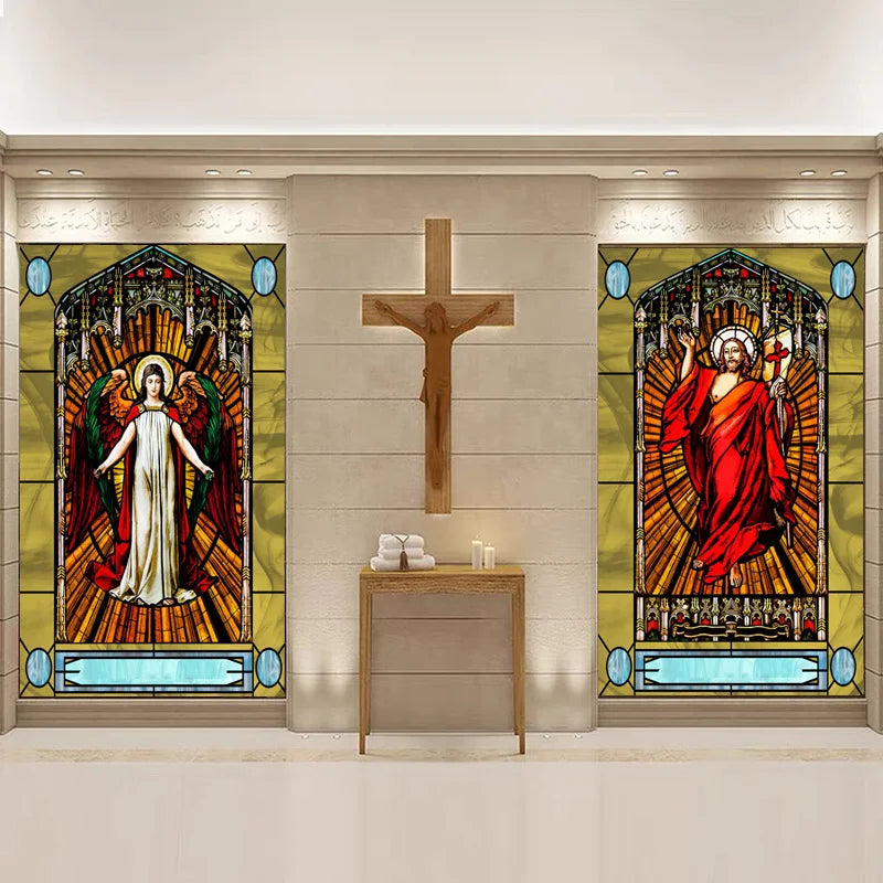 Custom Frosted Stained Glass Window Film,PVC Static Cling ,Church Jesus Christ Blessed Mary Stickers Window Treatment Home Decor