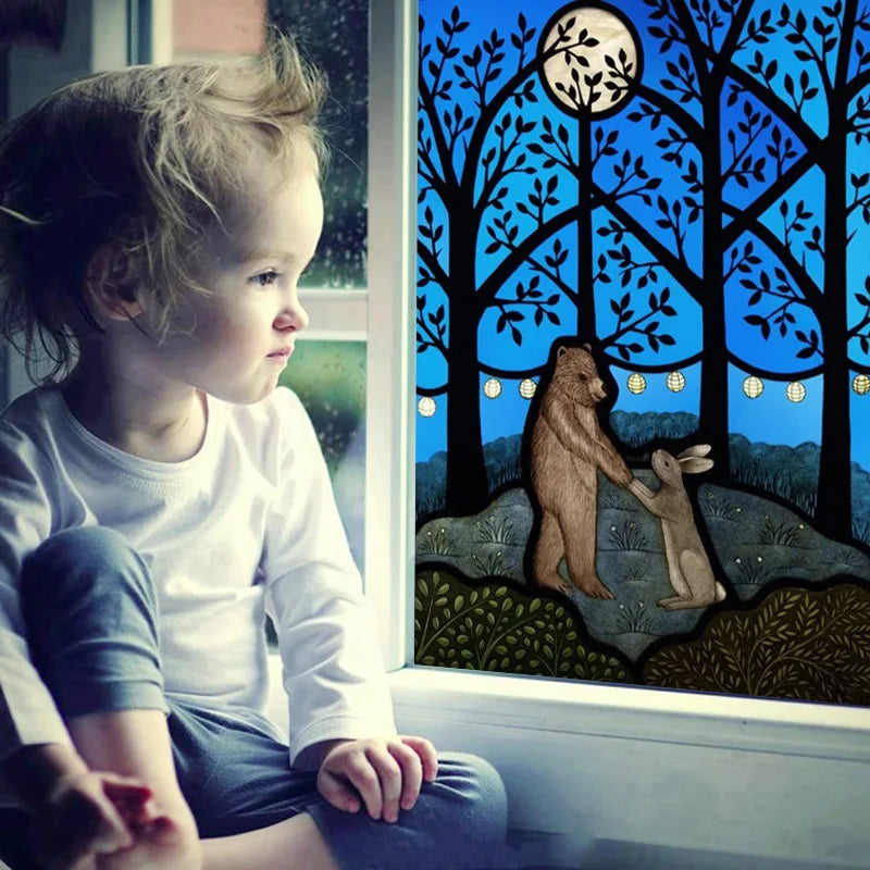 Custom Size Stained Glass Window Film Animal Pattern Rabbit Crow Bird Fox For Rectangular Shape Glass Office Home Decor