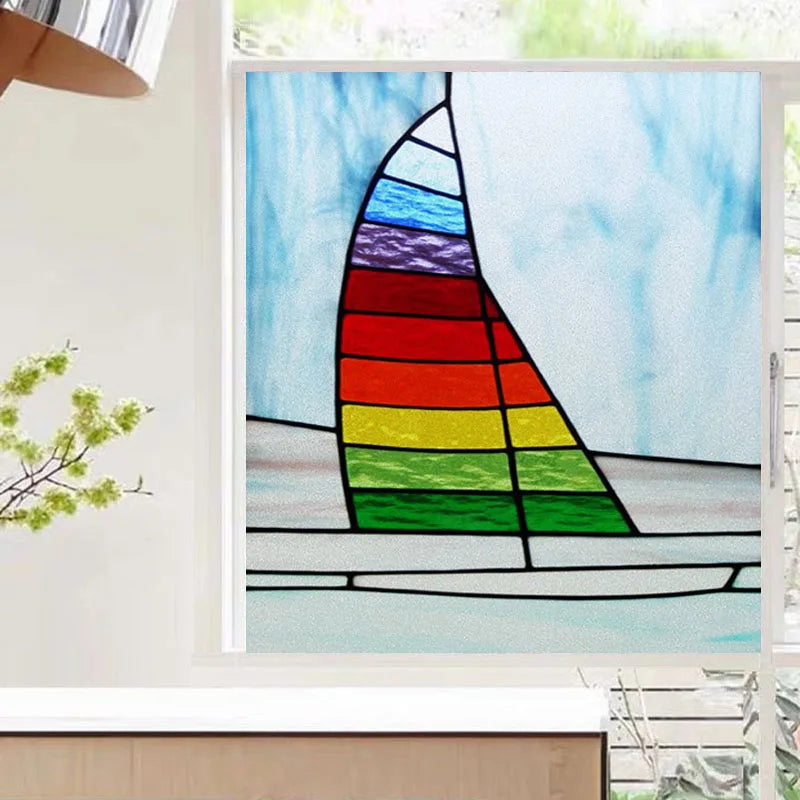 Window Film Frosted Stained Glass Films,Static Cling,Privacy Retro Door Sticker,Kitchen Office Home Decor Customized,Sailboat