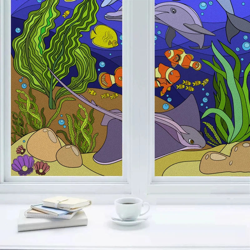 Custom size Window Film Stained Glass Films Frosted Privacy Static Cling Background Sticker Aquarium Ocean Poster Fish Tank Film