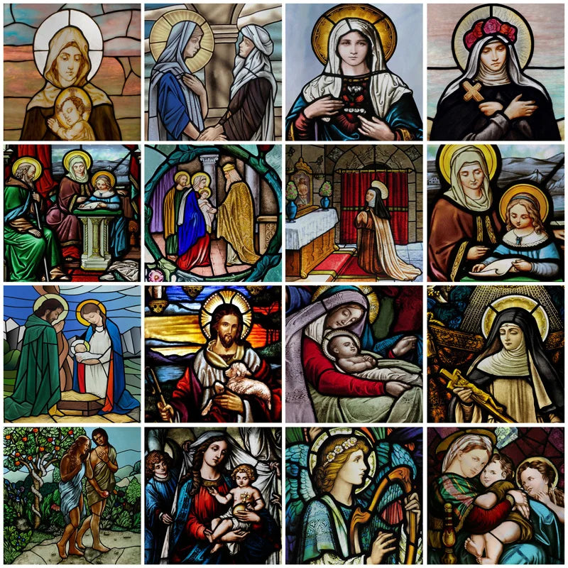 Custom Frosted Stained Glass Window Film,PVC Static Cling Films,Virgin Mary/Jesus Church Decor Foil Stickers