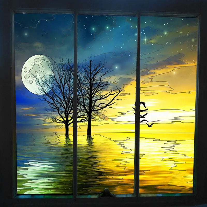 Window Film Frosted Stained Glass Films,Customized Scenery Sun Starry Sky Static Cling Sticker,Home Decor Foil Window Treatment