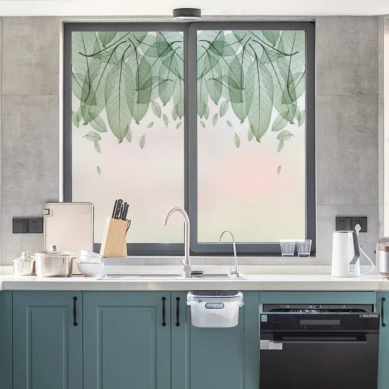 Customized Window Film,Frosted Stained Glass Films, Art Deco Design Leaves,Static Cling Remove Door Sticker,Home Decor