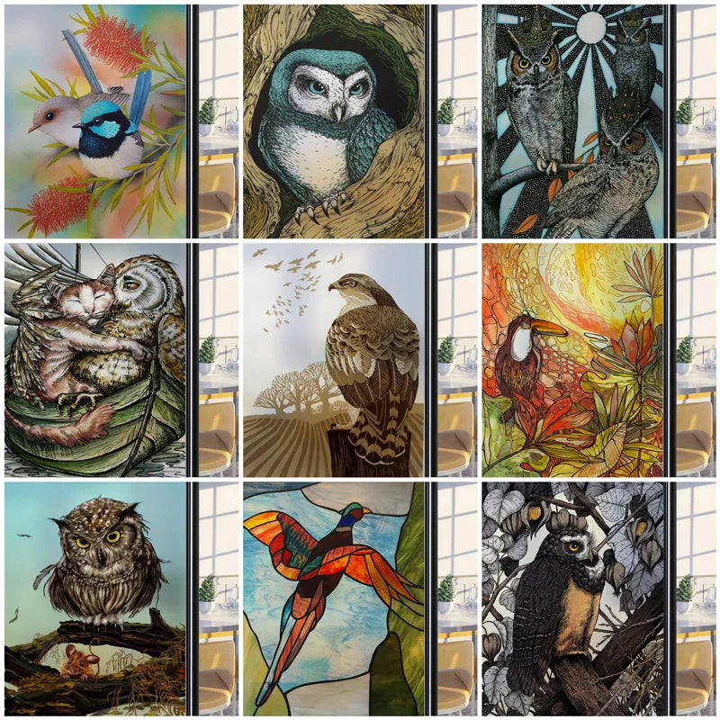 Window Film Frosted Stained Glass Films,Customized Art Deco Design Birds Static Cling Sticker,Home Decor Foil Window Treatment