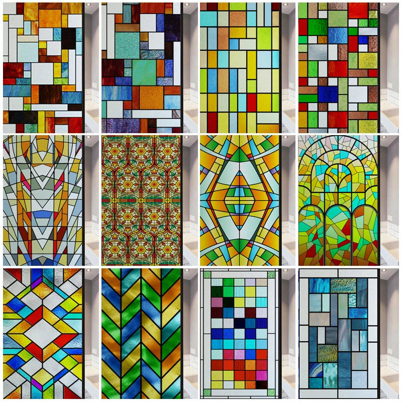 Window Film Frosted Stained Glass Films,Frosted Privacy Reusable Home-Decor Sun Catcher Mosaic Rainbow Color Window Covering