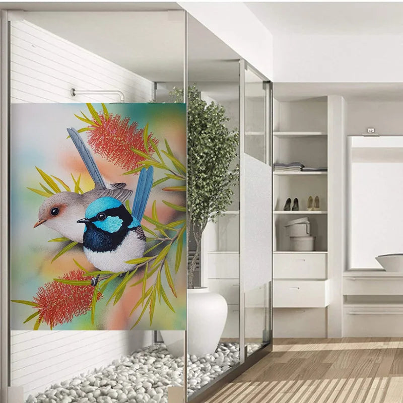 Window Film Frosted Stained Glass Films,Customized Art Deco Design Birds Static Cling Sticker,Home Decor Foil Window Treatment