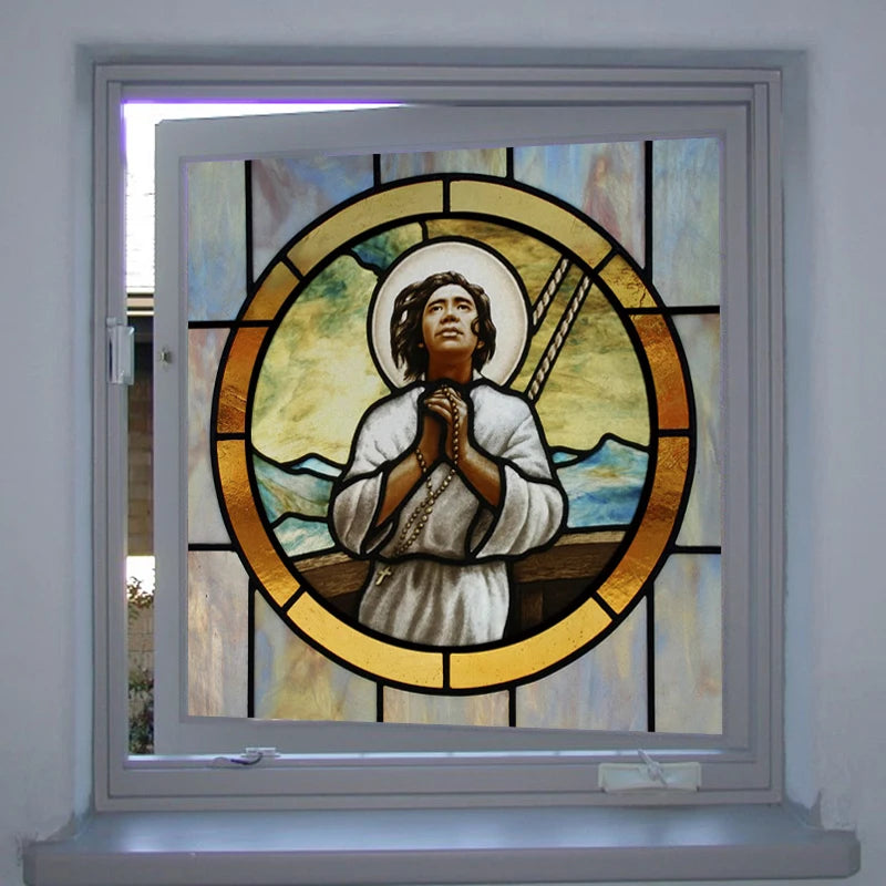 Custom Frosted Stained Glass Window Film,PVC Static Cling Films,Patron Saint of Catholic Church Decor Foil Stickers