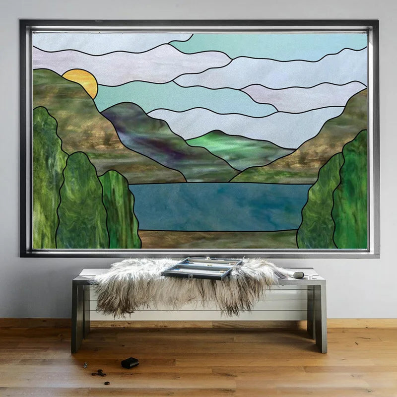 Landscape painting Stained Glass Films Transom/Windows Film Opaque Sticker Self Adhesive/Static Cling Custom Size