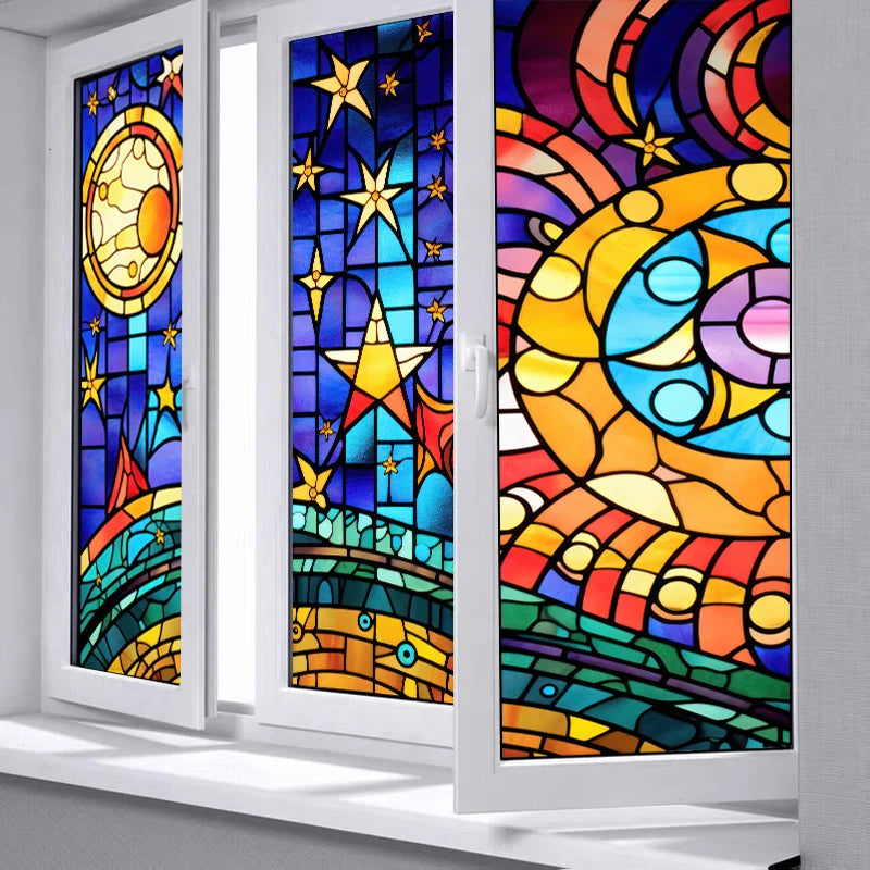 Window Film Frosted Stained Glass Films,Customized Privacy Static Cling,Church Retro Sticker,Office Home Decor,Sun and moon
