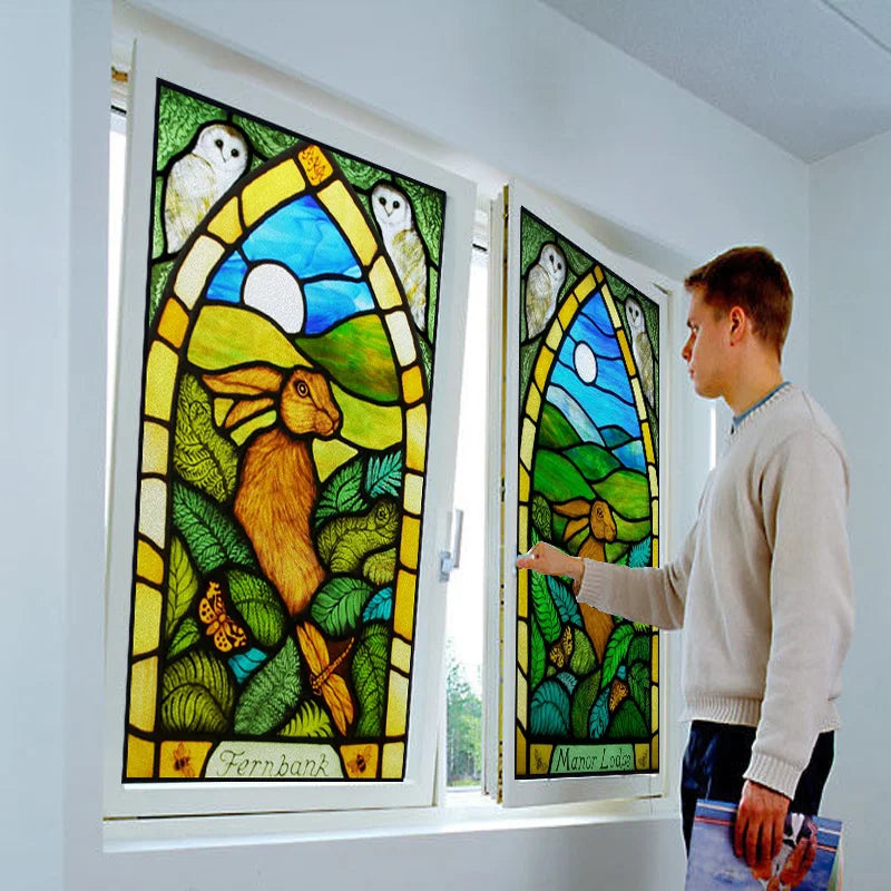 Custom Size Stained Glass Window Film Animal Pattern Rabbit Crow Bird Fox For Rectangular Shape Glass Office Home Decor