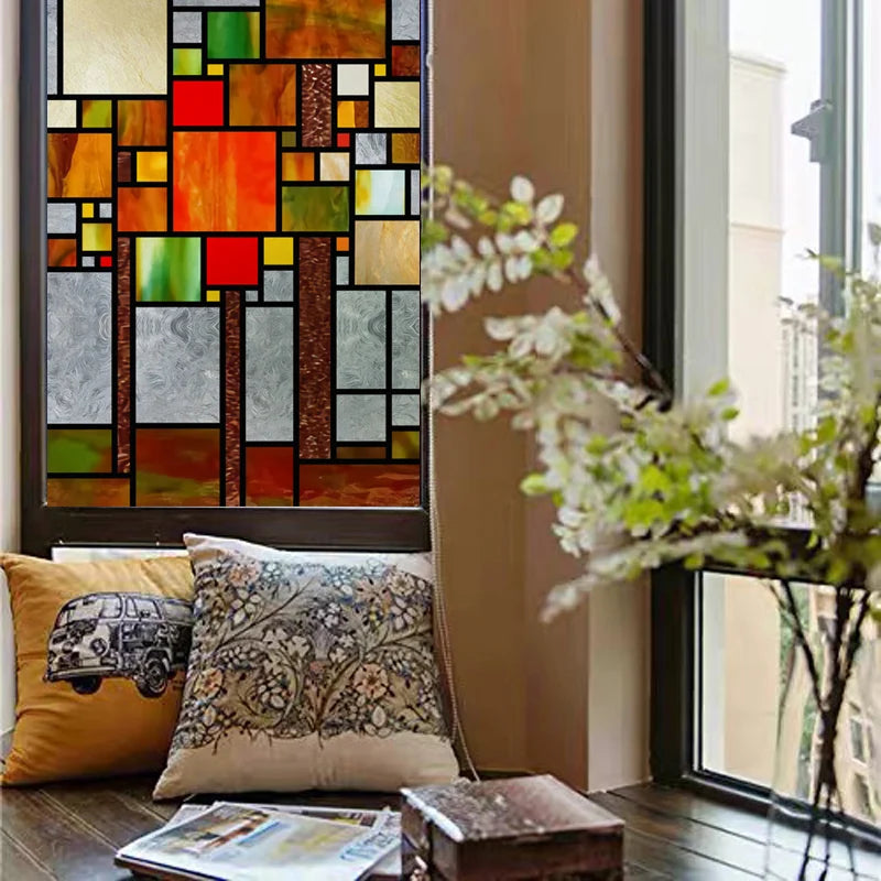 Window Film Frosted Stained Glass Films,Customized Privacy Static Cling,Church Retro Sticker,Office Home Decor,Mosaic Grid