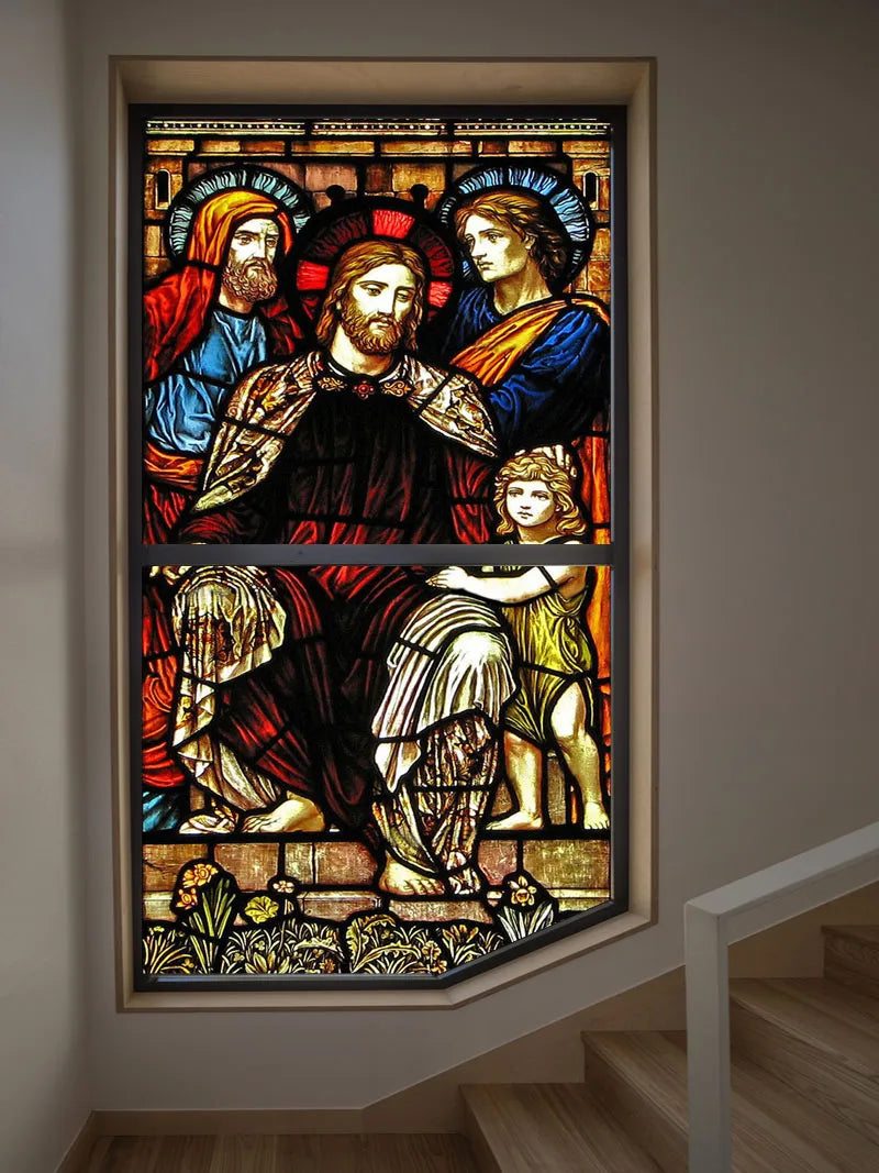 Stained Glass Films, Frosted Sticker,Self Adhesive/Static Cling Privacy Church Home Decor,Children being Blessed